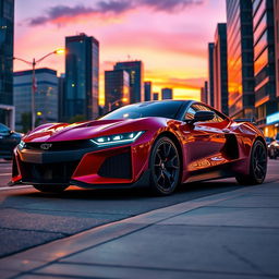 A powerful and sleek sports car parked on a vibrant city street at dusk, showcasing its glossy, deep red paint and aerodynamic design