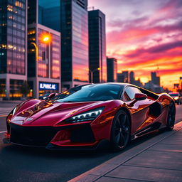 A powerful and sleek sports car parked on a vibrant city street at dusk, showcasing its glossy, deep red paint and aerodynamic design