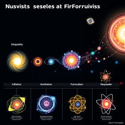 A visually stunning infographic illustrating the key stages of the universe's formation: Singularity, Inflation, Annihilation, Hadron Formation, Big Bang Nucleosynthesis, and Atom Formation