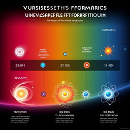A visually stunning infographic illustrating the key stages of the universe's formation: Singularity, Inflation, Annihilation, Hadron Formation, Big Bang Nucleosynthesis, and Atom Formation