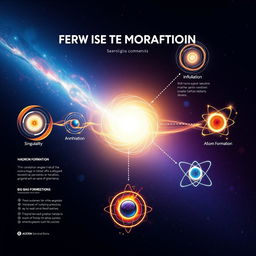 A visually stunning infographic illustrating the key stages of the universe's formation: Singularity, Inflation, Annihilation, Hadron Formation, Big Bang Nucleosynthesis, and Atom Formation