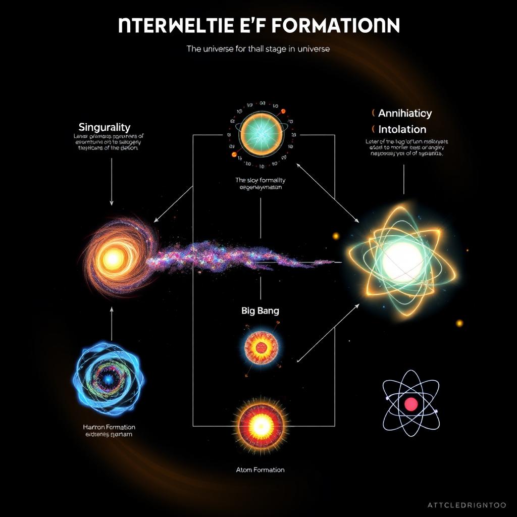 A visually stunning infographic illustrating the key stages of the universe's formation: Singularity, Inflation, Annihilation, Hadron Formation, Big Bang Nucleosynthesis, and Atom Formation