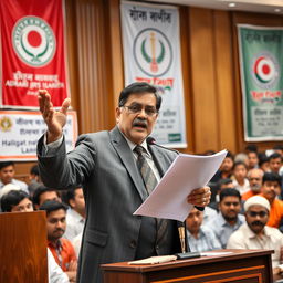 Documentary style image featuring a prominent political figure, Sergius, passionately discussing the political dynamics and impact of Jamaat-e-Islami and Shibir in Bangladesh