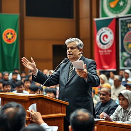 Documentary style image featuring a prominent political figure, Sergius, passionately discussing the political dynamics and impact of Jamaat-e-Islami and Shibir in Bangladesh