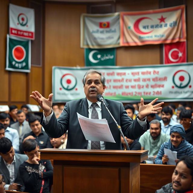 Documentary style image featuring a prominent political figure, Sergius, passionately discussing the political dynamics and impact of Jamaat-e-Islami and Shibir in Bangladesh