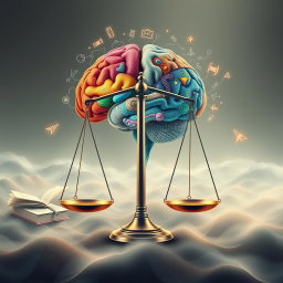 A conceptual artwork representing the interplay between mind and law, featuring a human brain intricately connected to a balance scale symbolizing justice