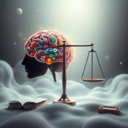 A conceptual artwork representing the interplay between mind and law, featuring a human brain intricately connected to a balance scale symbolizing justice