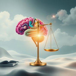 A conceptual artwork representing the interplay between mind and law, featuring a human brain intricately connected to a balance scale symbolizing justice