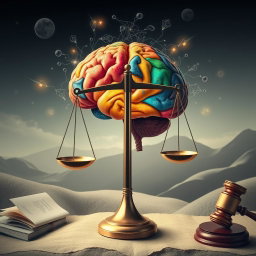 A conceptual artwork representing the interplay between mind and law, featuring a human brain intricately connected to a balance scale symbolizing justice