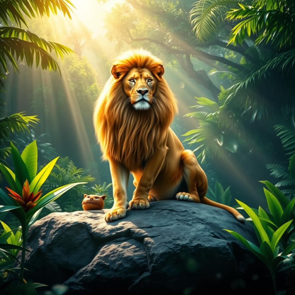 A majestic lion sitting regally on a grand rock formation in a lush jungle