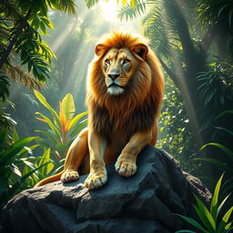 A majestic lion sitting regally on a grand rock formation in a lush jungle