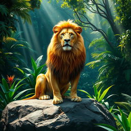 A majestic lion sitting regally on a grand rock formation in a lush jungle