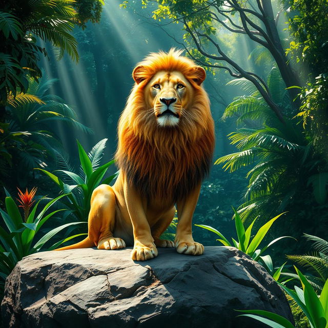 A majestic lion sitting regally on a grand rock formation in a lush jungle