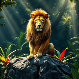A majestic lion sitting regally on a grand rock formation in a lush jungle