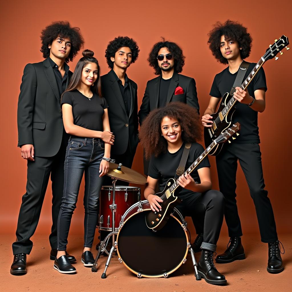 A six-member Indian rock band consisting of three boys and three girls, all dressed in sober and stylish outfits, with an earthy Indian red soil background