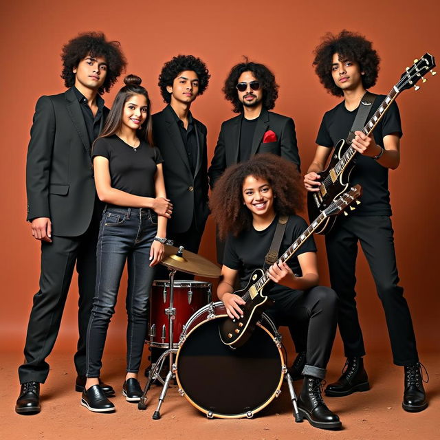 A six-member Indian rock band consisting of three boys and three girls, all dressed in sober and stylish outfits, with an earthy Indian red soil background