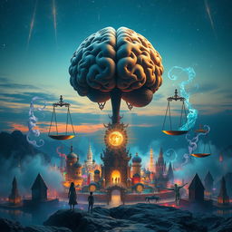 A surreal landscape depicting the concept of 'mind law', featuring a giant, ornate brain shaped structure floating above a vibrant, dreamlike city