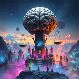 A surreal landscape depicting the concept of 'mind law', featuring a giant, ornate brain shaped structure floating above a vibrant, dreamlike city