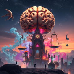 A surreal landscape depicting the concept of 'mind law', featuring a giant, ornate brain shaped structure floating above a vibrant, dreamlike city