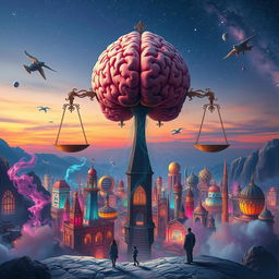 A surreal landscape depicting the concept of 'mind law', featuring a giant, ornate brain shaped structure floating above a vibrant, dreamlike city