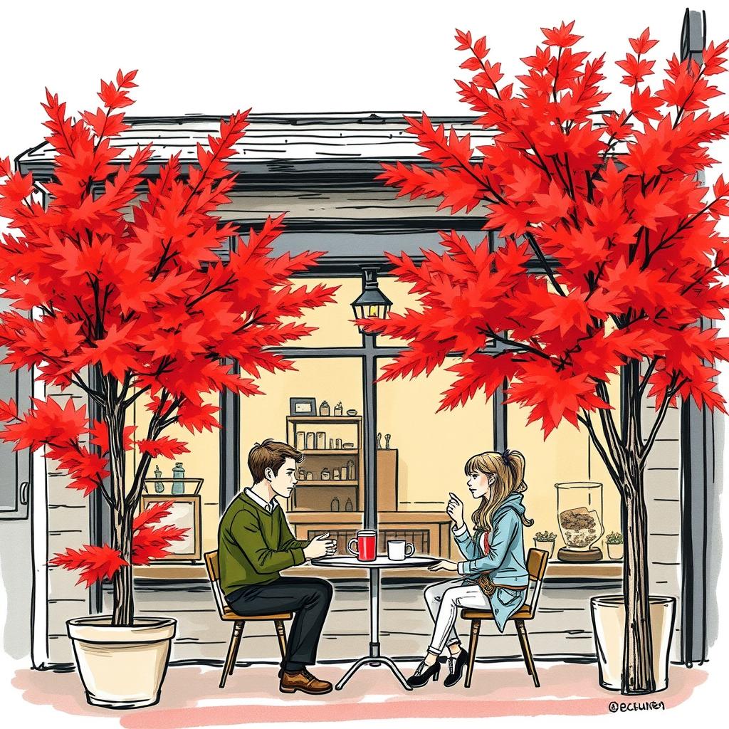 A colored sketch of a charming coffee shop in Vancouver during autumn, showcasing the vibrant red maple trees outside, with their leaves creating a picturesque scene