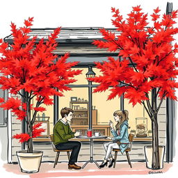 A colored sketch of a charming coffee shop in Vancouver during autumn, showcasing the vibrant red maple trees outside, with their leaves creating a picturesque scene