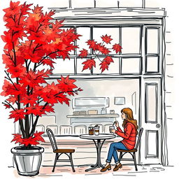 A colored sketch of a charming coffee shop in Vancouver during autumn, showcasing the vibrant red maple trees outside, with their leaves creating a picturesque scene