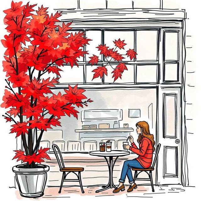 A colored sketch of a charming coffee shop in Vancouver during autumn, showcasing the vibrant red maple trees outside, with their leaves creating a picturesque scene