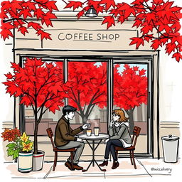 A colored sketch of a charming coffee shop in Vancouver during autumn, showcasing the vibrant red maple trees outside, with their leaves creating a picturesque scene