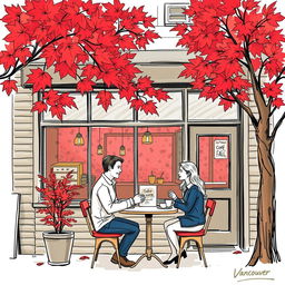 A colored sketch of a charming coffee shop in Vancouver during autumn, showcasing the vibrant red maple trees outside, with their leaves creating a picturesque scene