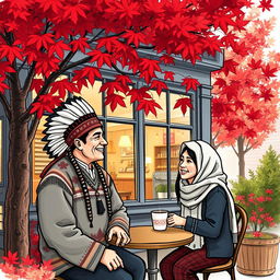 A colored sketch of a charming coffee shop in Vancouver during autumn, featuring striking red maple trees outside, their leaves creating a vibrant carpet of color