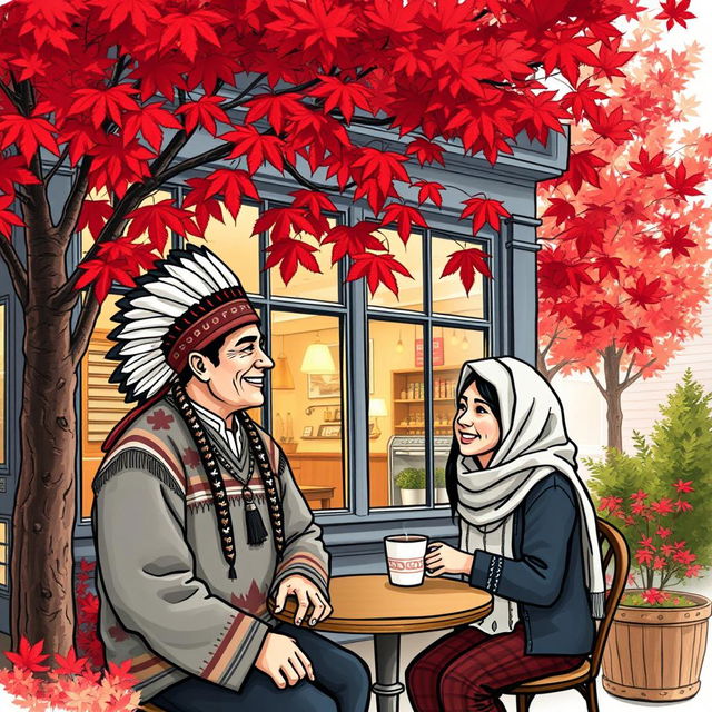 A colored sketch of a charming coffee shop in Vancouver during autumn, featuring striking red maple trees outside, their leaves creating a vibrant carpet of color