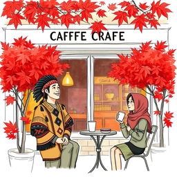 A colored sketch of a charming coffee shop in Vancouver during autumn, featuring striking red maple trees outside, their leaves creating a vibrant carpet of color