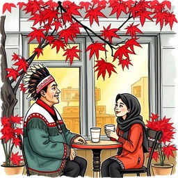 A colored sketch of a charming coffee shop in Vancouver during autumn, featuring striking red maple trees outside, their leaves creating a vibrant carpet of color