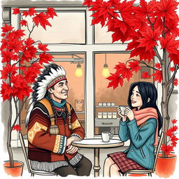A colored sketch of a charming coffee shop in Vancouver during autumn, featuring striking red maple trees outside, their leaves creating a vibrant carpet of color