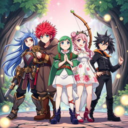 A vibrant and dynamic anime scene featuring a group of diverse young heroes standing together in an epic pose