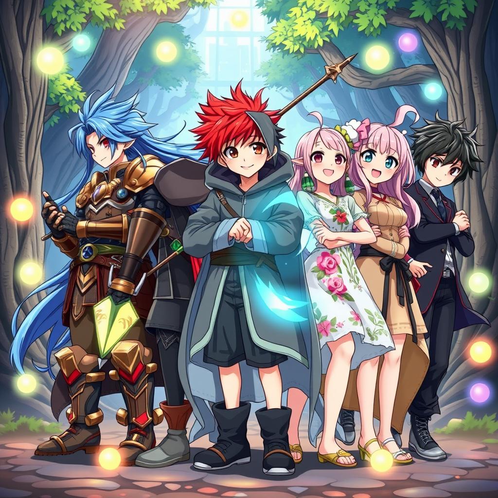 A vibrant and dynamic anime scene featuring a group of diverse young heroes standing together in an epic pose