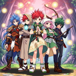 A vibrant and dynamic anime scene featuring a group of diverse young heroes standing together in an epic pose