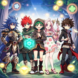 A vibrant and dynamic anime scene featuring a group of diverse young heroes standing together in an epic pose