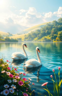 A stunning digital painting of two beautiful swans gracefully gliding on a serene lake surrounded by lush greenery