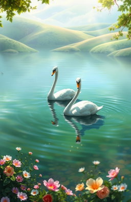 A stunning digital painting of two beautiful swans gracefully gliding on a serene lake surrounded by lush greenery