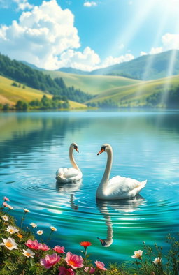A stunning digital painting of two beautiful swans gracefully gliding on a serene lake surrounded by lush greenery