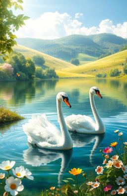 A stunning digital painting of two beautiful swans gracefully gliding on a serene lake surrounded by lush greenery