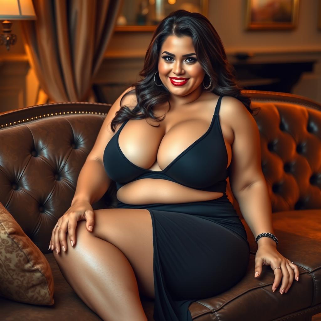 A voluptuous milf with big breasts and a thick figure, reclining gracefully on an opulent couch