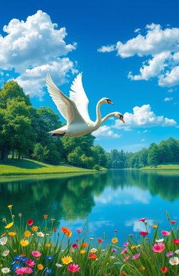A stunning digital painting of two graceful swans flying gracefully in a bright blue sky