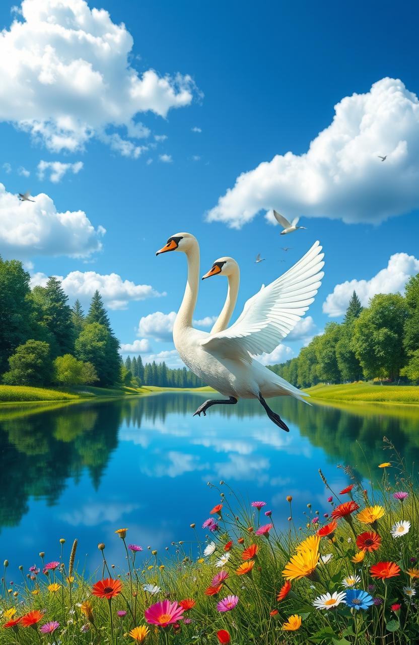 A stunning digital painting of two graceful swans flying gracefully in a bright blue sky