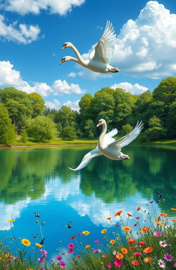 A stunning digital painting of two graceful swans flying gracefully in a bright blue sky