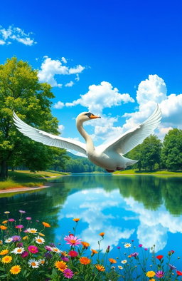 A stunning digital painting of two graceful swans flying gracefully in a bright blue sky