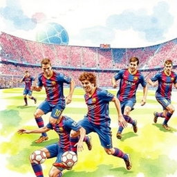 A vibrant watercolour painting depicting the Barcelona football team in dynamic action on the field