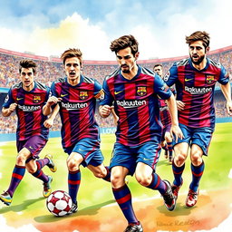 A vibrant watercolour painting depicting the Barcelona football team in dynamic action on the field